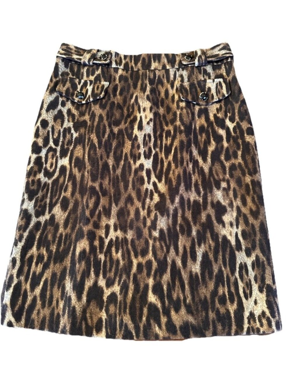 FASHIONISTA Women's Leopard Print Wool Mini Skirt Sz 10 Gem Buttons Pockets
